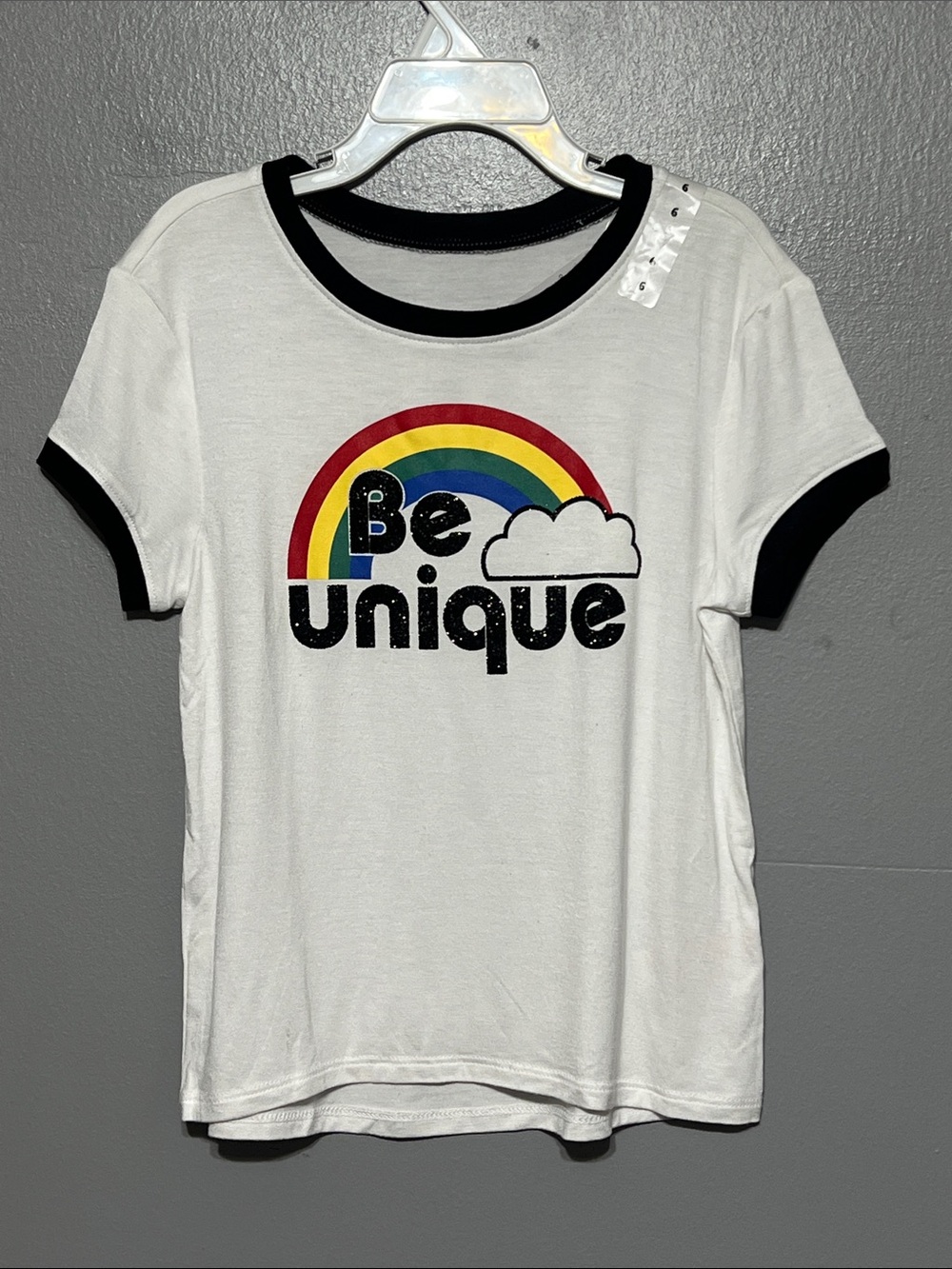 Justice Be Unique Rainbow Graphic Tee White Short Sleeve Crewneck Girl’s Size 6